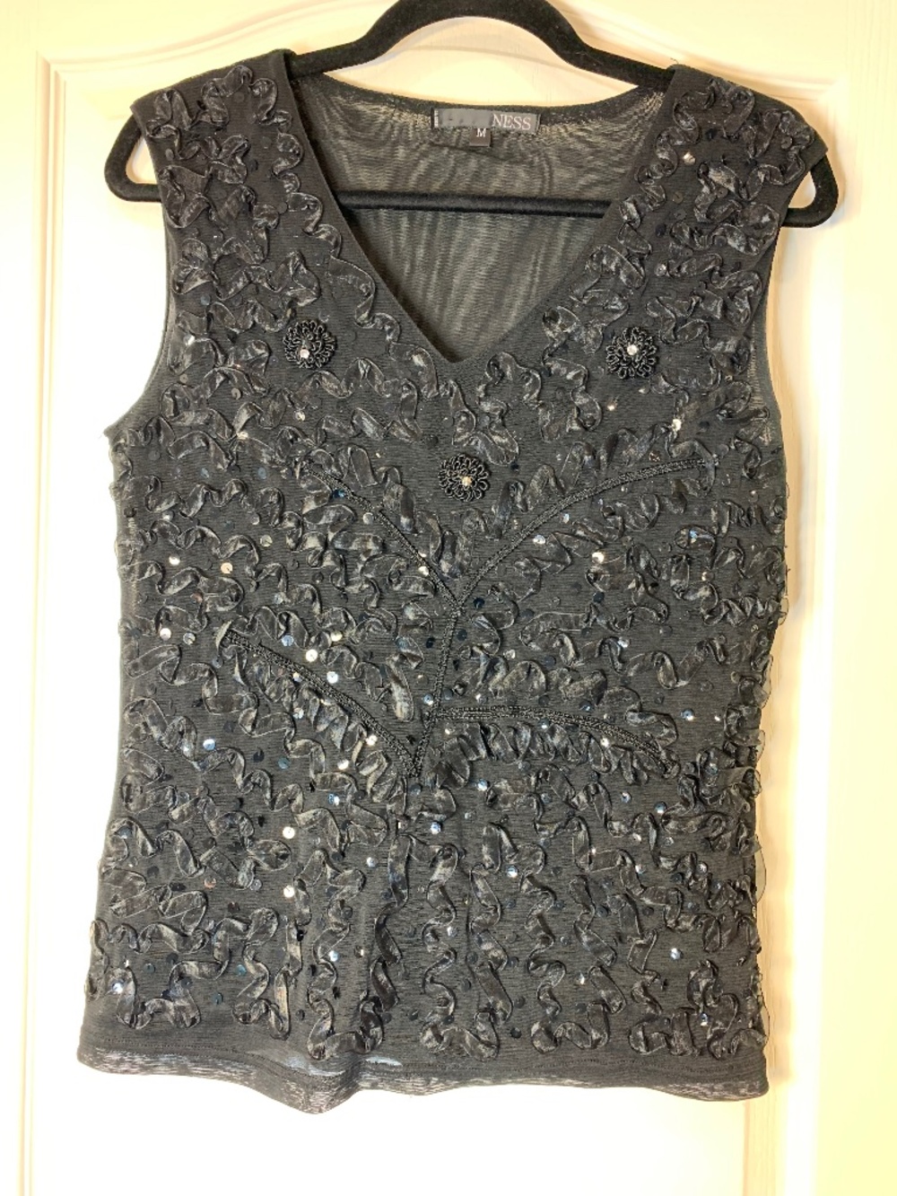 NESS Black Embellished Mesh Top Sequins Ribbon Sleeveless Size M Party Cocktail